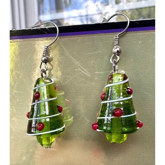 Christmas Tree Earrings Handmade Hand Painted Glass Hook New Festive One… - Picture 1 of 12